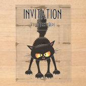 Funny Fierce Black Cat Cartoon  アクリル招待状 (正面)