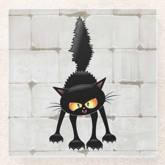 Funny Fierce Black Cat Cartoon  ガラスコースター (正面)