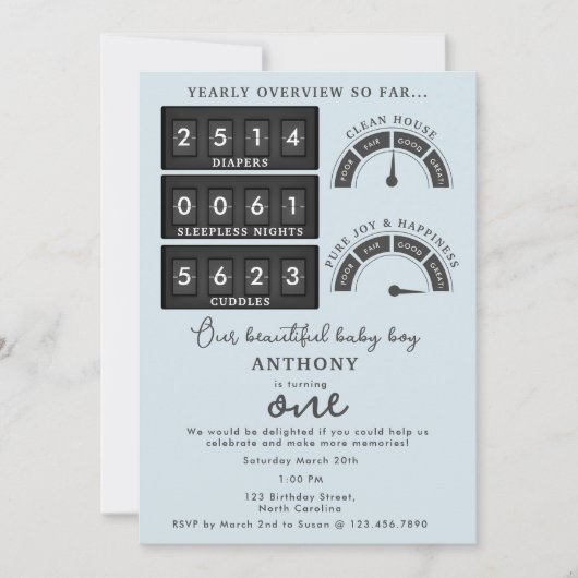 Funny First Birthday Baby Boy Cute Stats Photo 招待状 (正面)