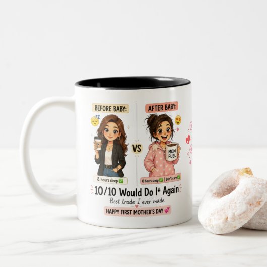Funny First Mother’s Day Gift, Before After Baby ツートーンマグカップ (ドーナツ)