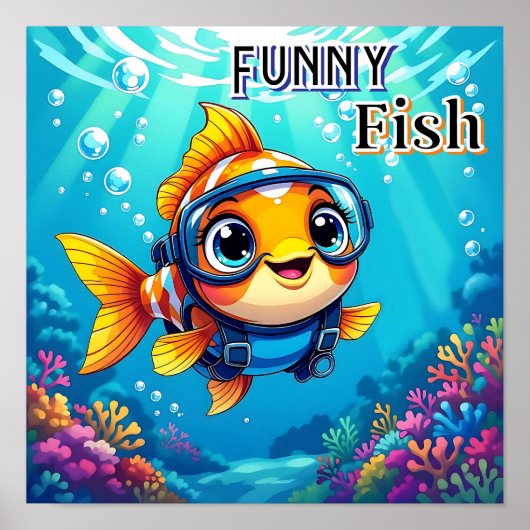 Funny Fish | Cute Cartoon Kid's Nursery Art ポスター (正面)