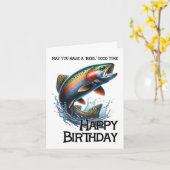 Funny Fisherman Birthday Card with Trout カード (黄色い花)