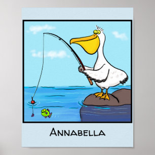 Funny fishing pelican cartoon ポスター