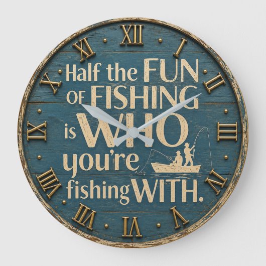 Funny Fishing Rustic Fisherman Decor Cabin Gift ラージ壁時計 (正面)