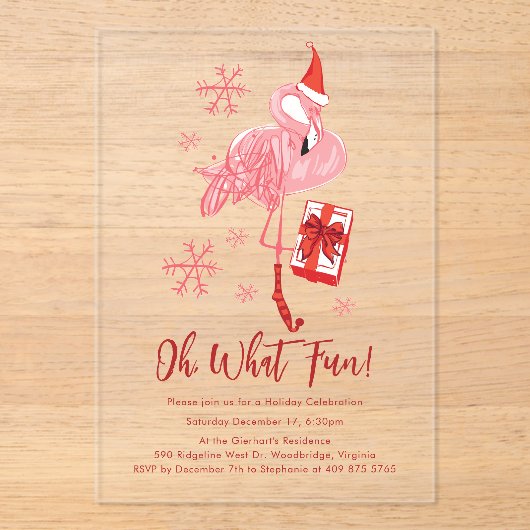 Funny Flamingo Christmas Holiday Party アクリル招待状 (正面)