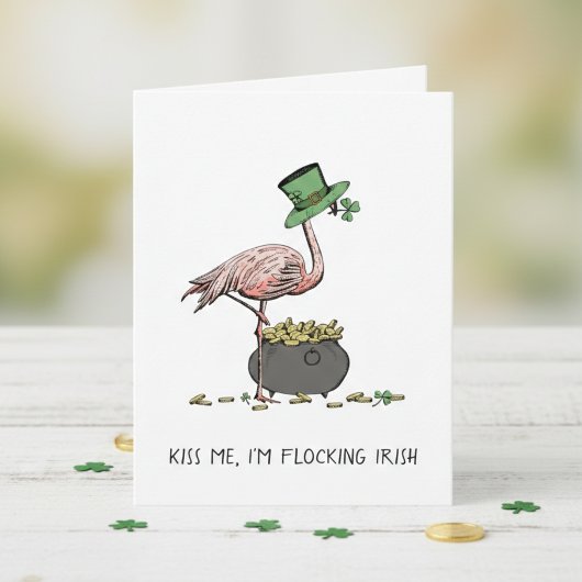 Funny Flamingo Kiss Me I'm Irish St Patrick's Day カード