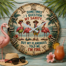 Funny Flamingo Tropical Beach Coastal Farmhouse ラージ壁時計