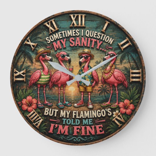 Funny Flamingo Tropical Humorous Beach House ラージ壁時計 (正面)