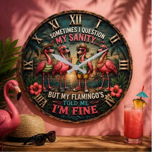 Funny Flamingo Tropical Humorous Beach House ラージ壁時計
