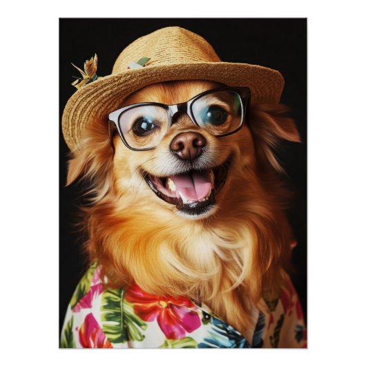 Funny Fluffy Dog with Hat, Glasses & Hawaiian Shir ポスター (正面)