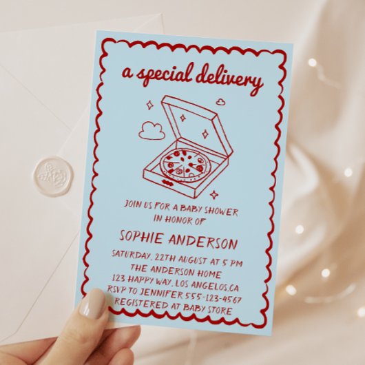 Funny Food A Special Delivery Pizza Baby Shower 招待状