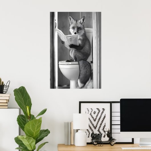 Funny Fox Bathroom Print, Reading Newspaper ポスター (ホームオフィス)