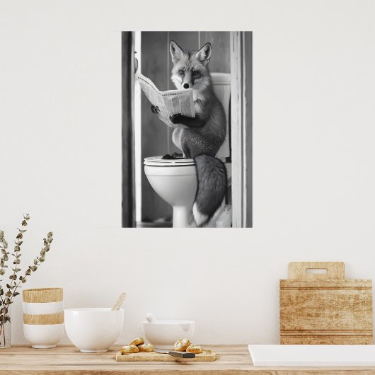Funny Fox Bathroom Print, Reading Newspaper ポスター (キッチン)