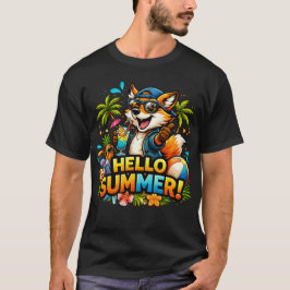 Funny Fox Hello Summer Cartoon Design Tシャツ