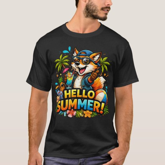 Funny Fox Hello Summer Cartoon Design Tシャツ (正面)