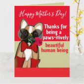 Funny French Bull Dog Mother's Day Rose カード (黄色い花)