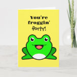 Funny Frog 40th Birthday カード<br><div class="desc">Funny frog 40th birthday card for her or him featuring a "you're froggin'" on the front with a funny green frog. This yellow and green frog birthday card would be great for frog lovers.</div>