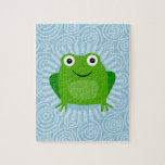 Funny Frog - Cute Froggy On Blue ジグソーパズル<br><div class="desc">This design features" a funny green frog with big eyes on a blue spiral background.</div>