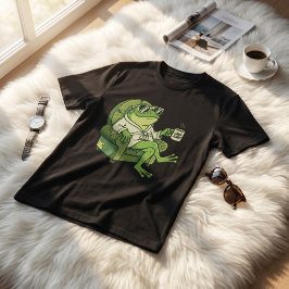 Funny Frog Drinking Coffee Cute Cartoon Design Tシャツ