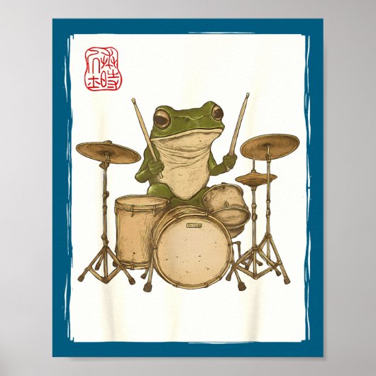 Funny Frog Drum Rock Music Kawaii Japanese  ポスター (正面)