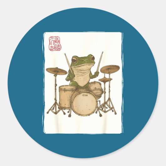 Funny Frog Drum Rock Music Kawaii Japanese ラウンドシール (正面)