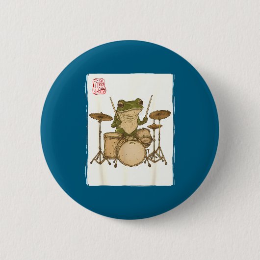 Funny Frog Drum Rock Music Kawaii Japanese 缶バッジ (正面)