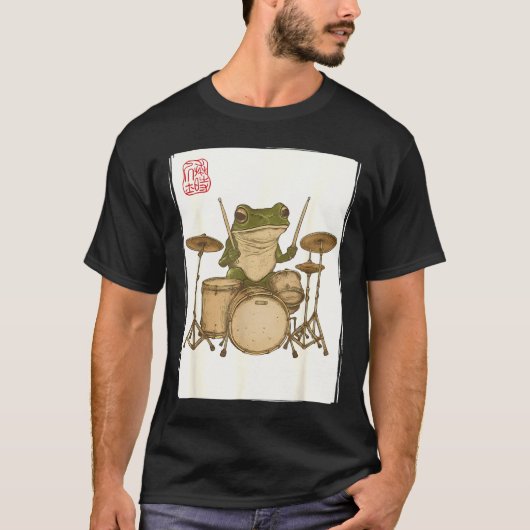 Funny Frog Drum Rock Music Kawaii Japanese Tシャツ (正面)