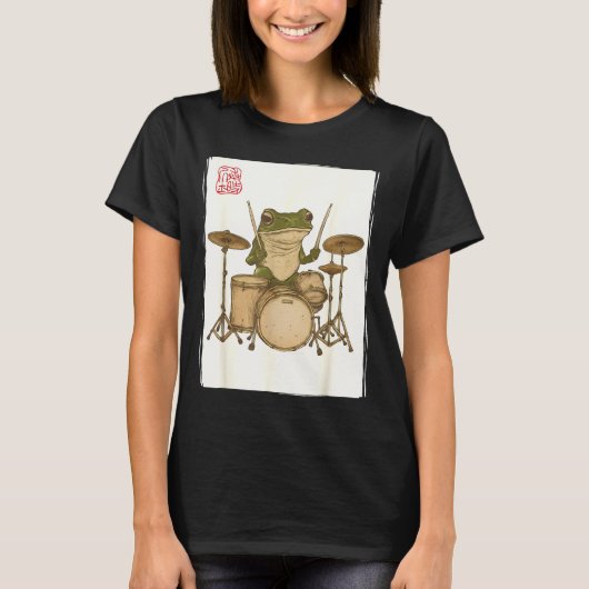Funny Frog Drum Rock Music Kawaii Japanese Tシャツ (正面)