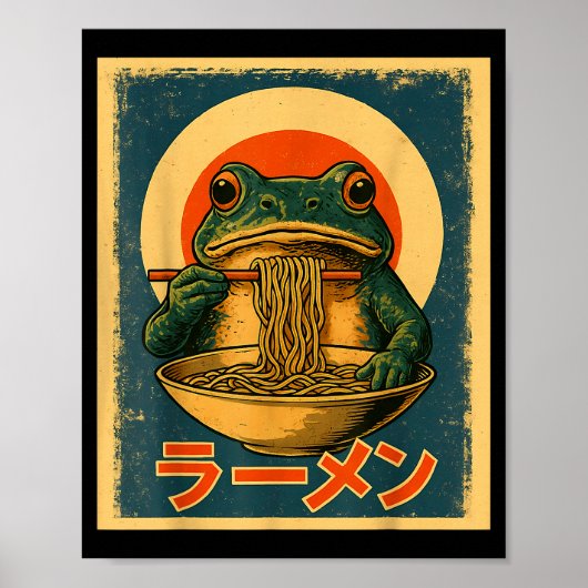 Funny Frog Ramen Kawaii Retro Japanese Rising Sun  ポスター (正面)