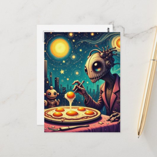 Funny Funky  Robots Eating Fried Eggs ポストカード (正面/裏面インサイチュ)