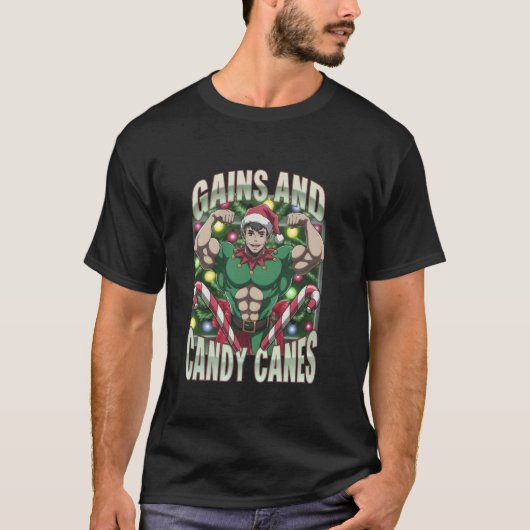 Funny Gains and Candy Canes Christmas Elf Gym Work Tシャツ (正面)