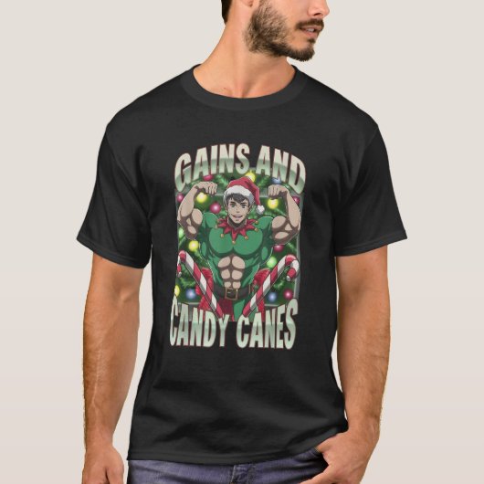Funny Gains and Candy Canes Christmas Elf Gym Work Tシャツ (正面)