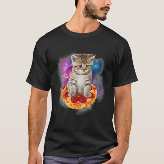 Funny Galaxy Cat Space Cat Eat Pizza and Taco Tシャツ (正面)