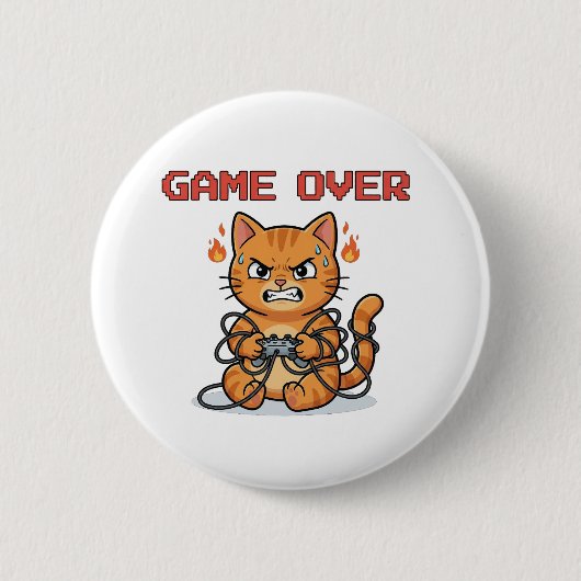 Funny Gamer Cat Game Over Button 缶バッジ (正面)