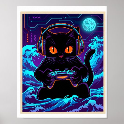 Funny Gamer Cat Neon Cyber Gaming Night Retro Art ポスター (正面)