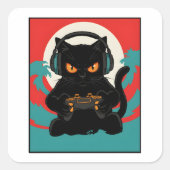 Funny Gamer Cat Retro Controller Headphones Night スクエアシール (正面)