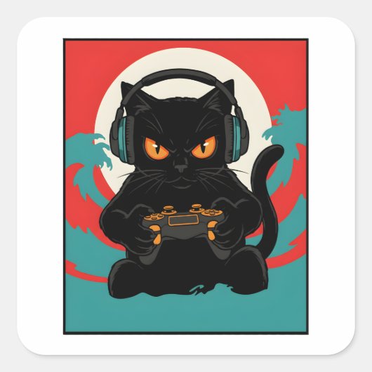 Funny Gamer Cat Retro Controller Headphones Night スクエアシール (正面)