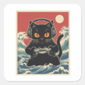 Funny Gamer Cat Retro Controller Headphones Night スクエアシール (正面)