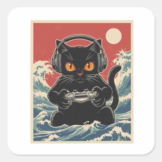 Funny Gamer Cat Retro Controller Headphones Night スクエアシール (正面)