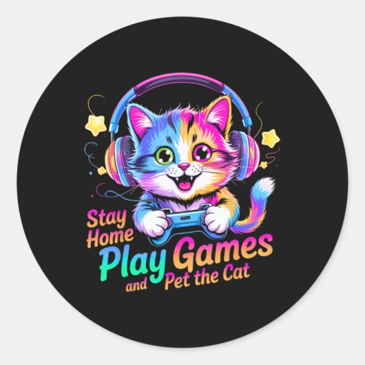 Funny Gamer Cat Stay Home1  ラウンドシール (正面)