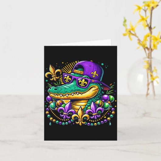 Funny Gator Mardi Gras  カード (黄色い花)