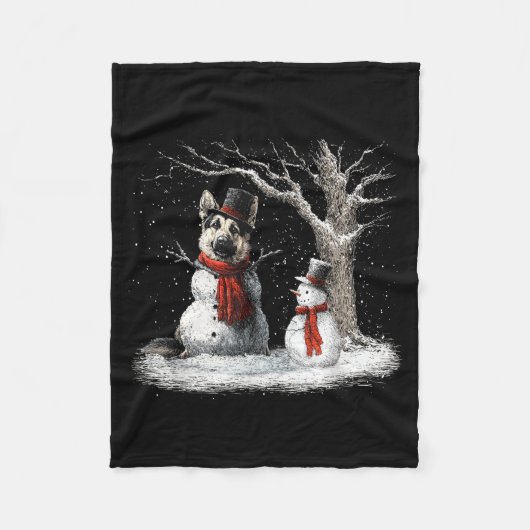 Funny German Shepherd Dog In The Snow Tree Christm フリースブランケット (正面)