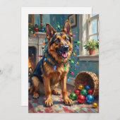 Funny German Shepherd Tangled in Christmas Lights シーズンカード (正面/裏面)