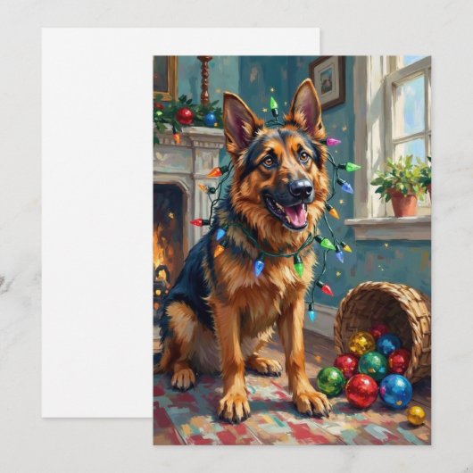 Funny German Shepherd Tangled in Christmas Lights シーズンカード (正面/裏面)