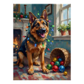 Funny German Shepherd Tangled in Christmas Lights ポスター (正面)