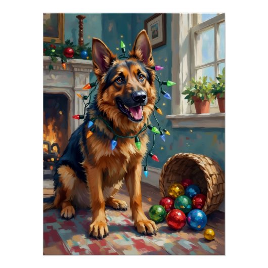 Funny German Shepherd Tangled in Christmas Lights ポスター (正面)