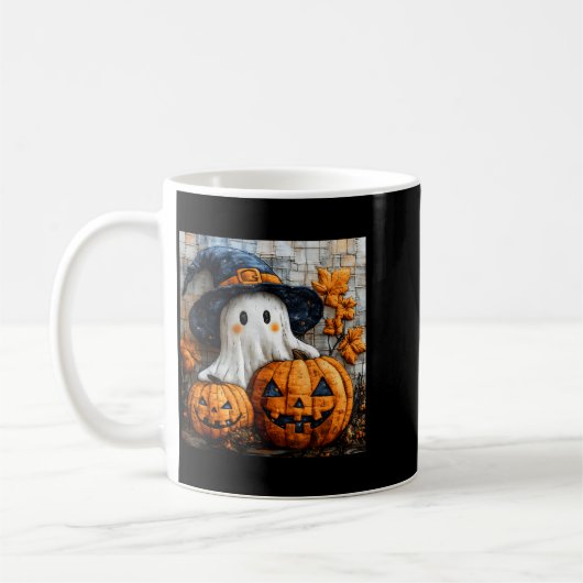 Funny Ghost Pumpkin Cute Halloween Patchwork Art コーヒーマグカップ (左)