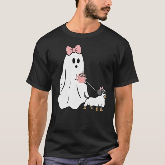 Funny Ghost Walking Dog Dachshund Wiener Halloween Tシャツ (正面)