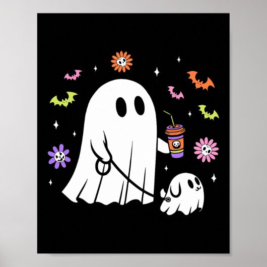 Funny Ghost Walking Dog Spooky Ghost Coffee Hallow ポスター (正面)