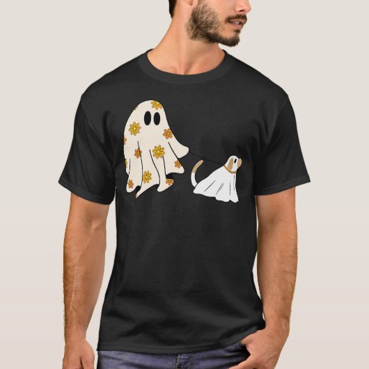 Funny Ghost Walking Dog Spooky Season Halloween Fl Tシャツ (正面)